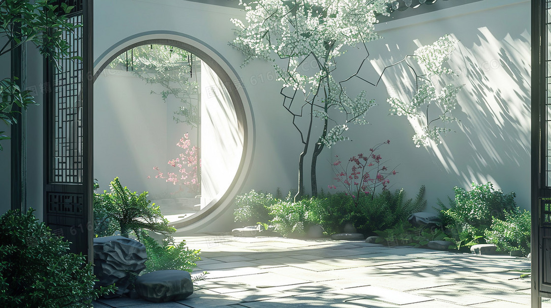 唯美中国风建筑景观园林插画