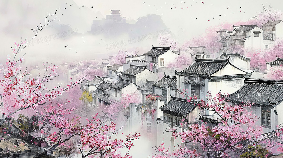 春天樱花盛开的江南水乡插画