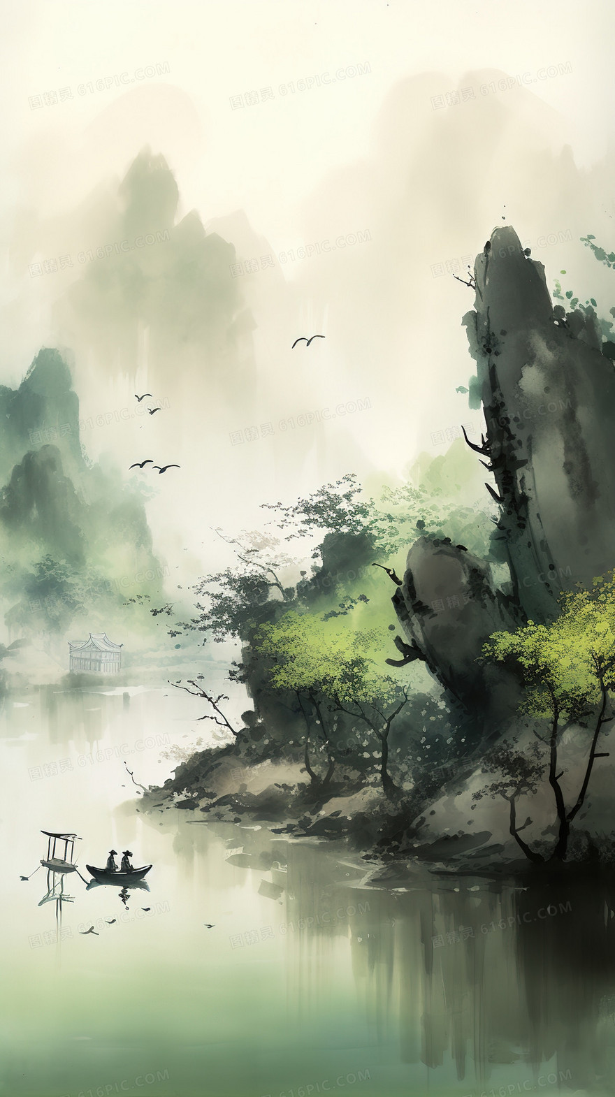中国风唯美水墨风景图插画