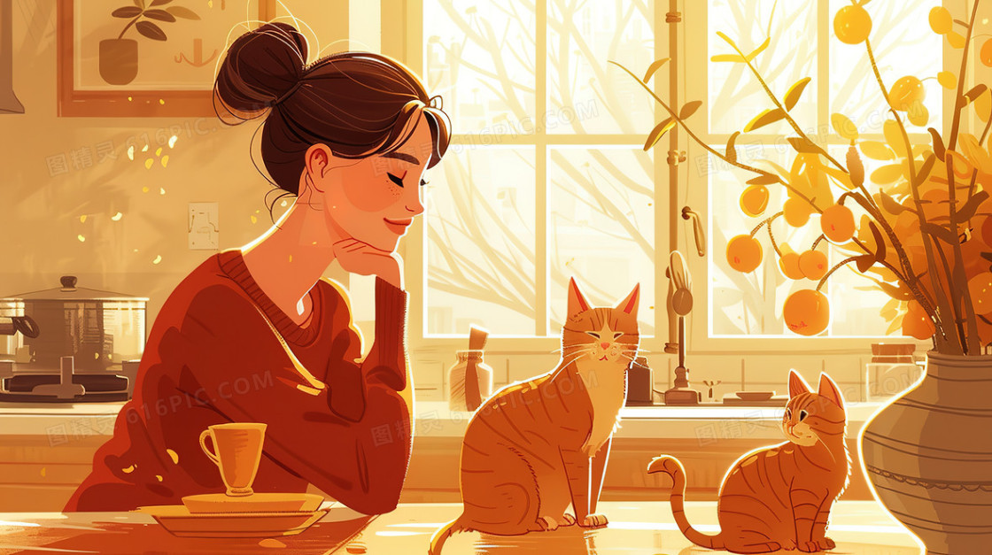 餐桌旁的女生和桌面上的两只猫猫插画