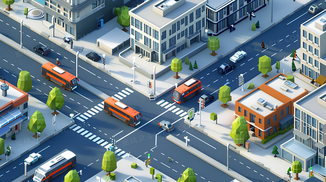 3D立体城市交通道路建筑模型插画