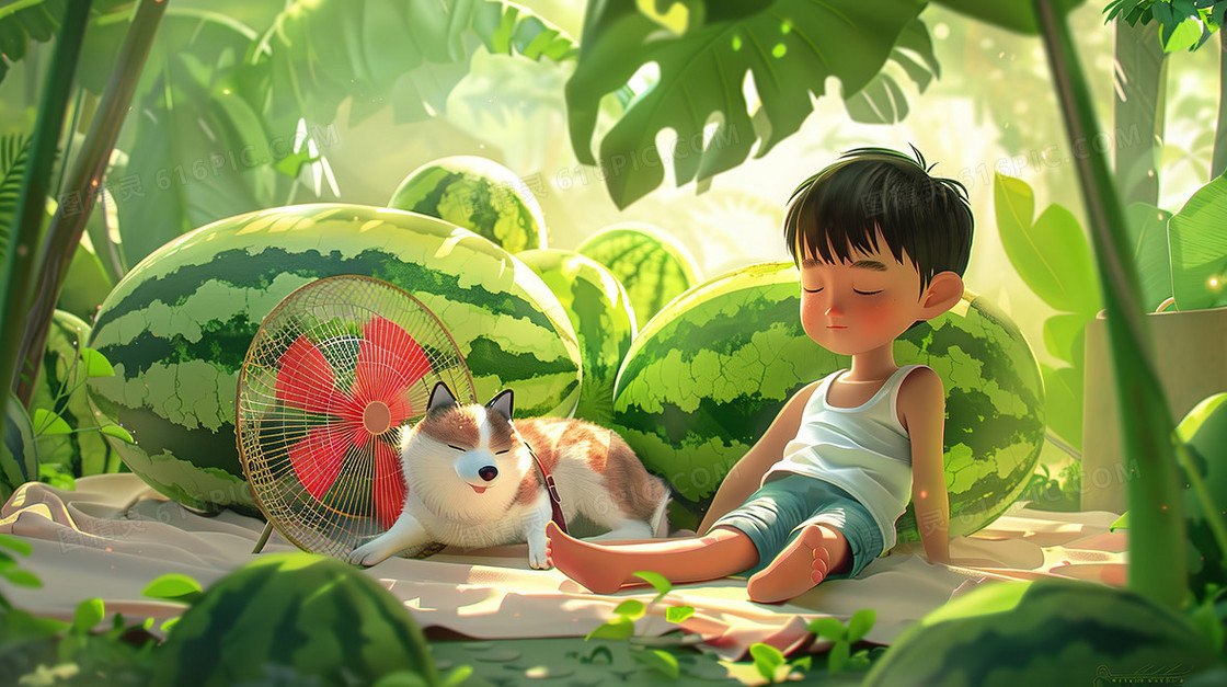 夏日树下西瓜旁乘凉的男孩与小狗插画