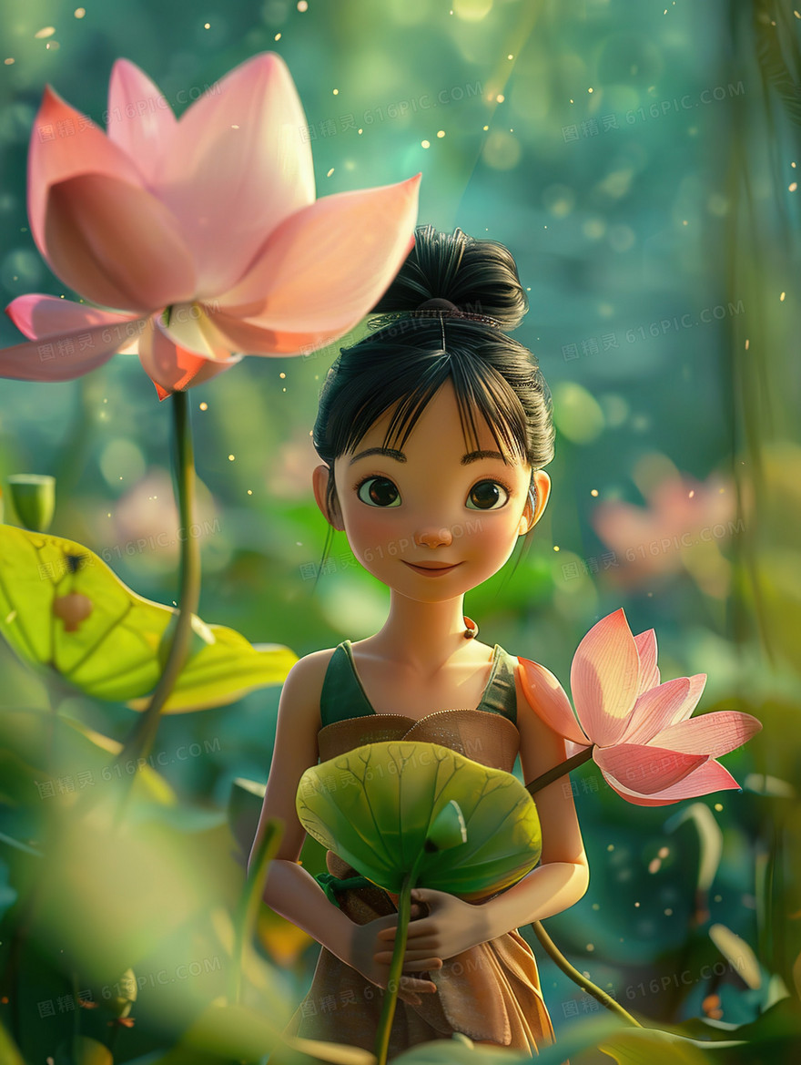 荷塘里手拿莲叶的少女插画