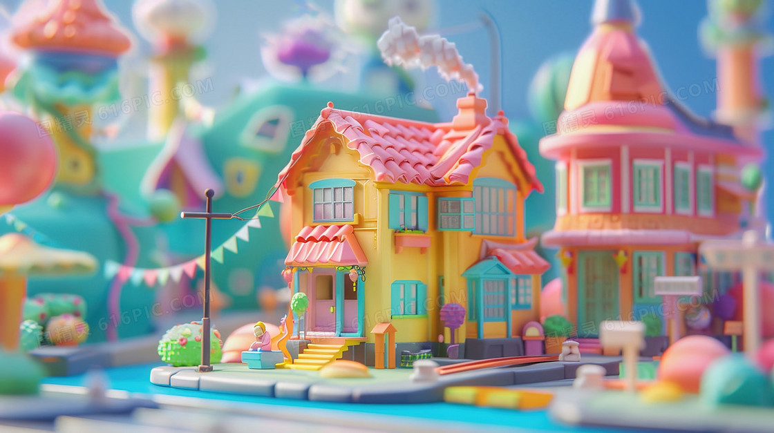 唯美3D立体建筑模型风景插画