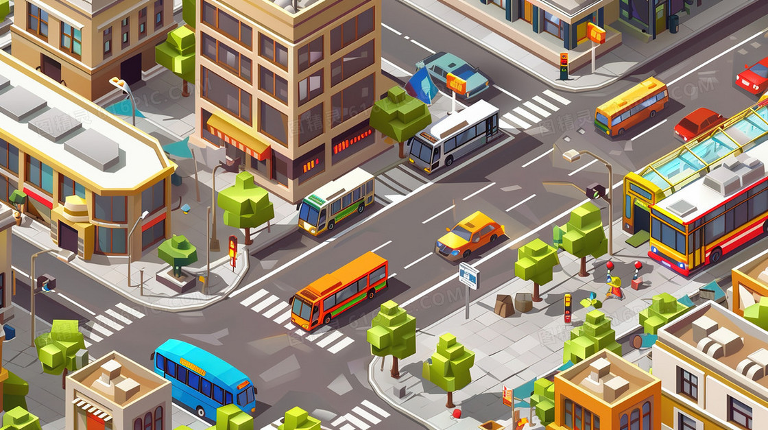 3D立体城市交通道路建筑模型插画