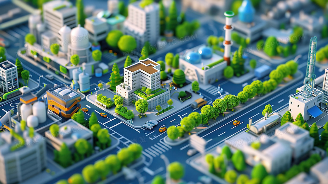 3D立体绿化城市建筑模型插画