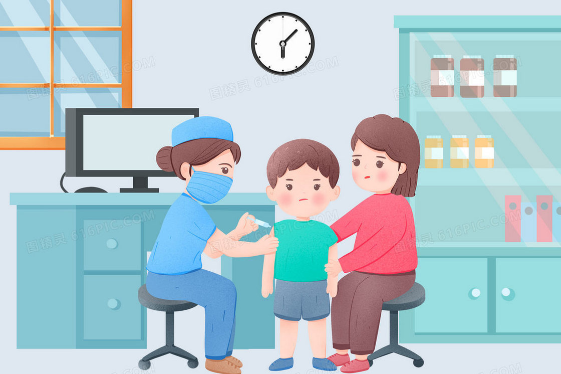 护士给小孩打预防针手绘插画