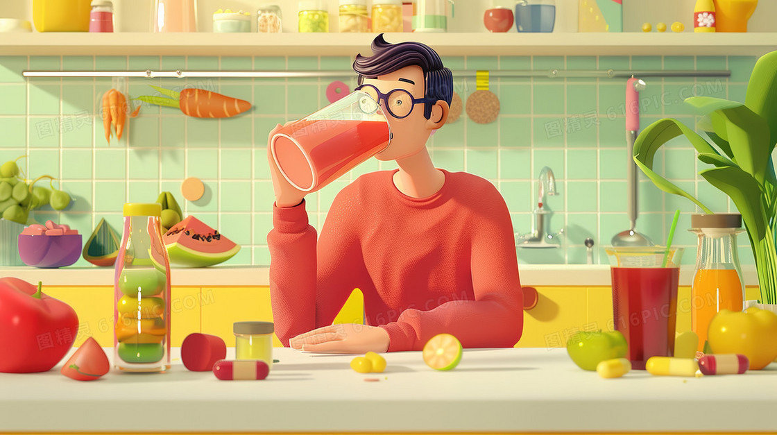 夏日在吧台里喝果汁的男士插画