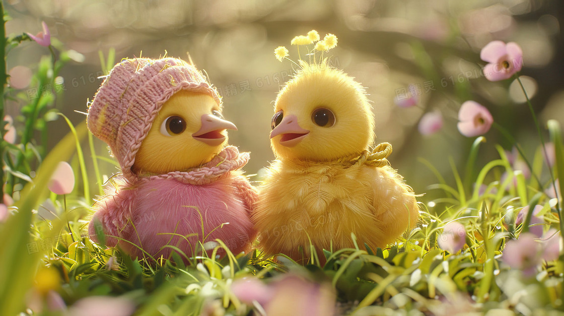 3D立体毛线草地上的小鸡插画