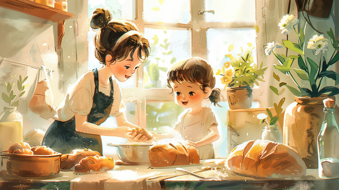 厨房里制作面包的女孩插画