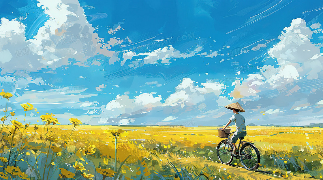 夏天在金黄的油菜花田里的骑单车的少年插画