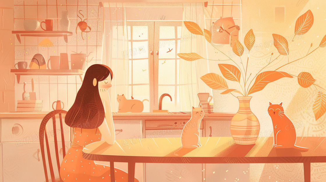 餐桌旁的女生和桌面上的两只猫猫插画