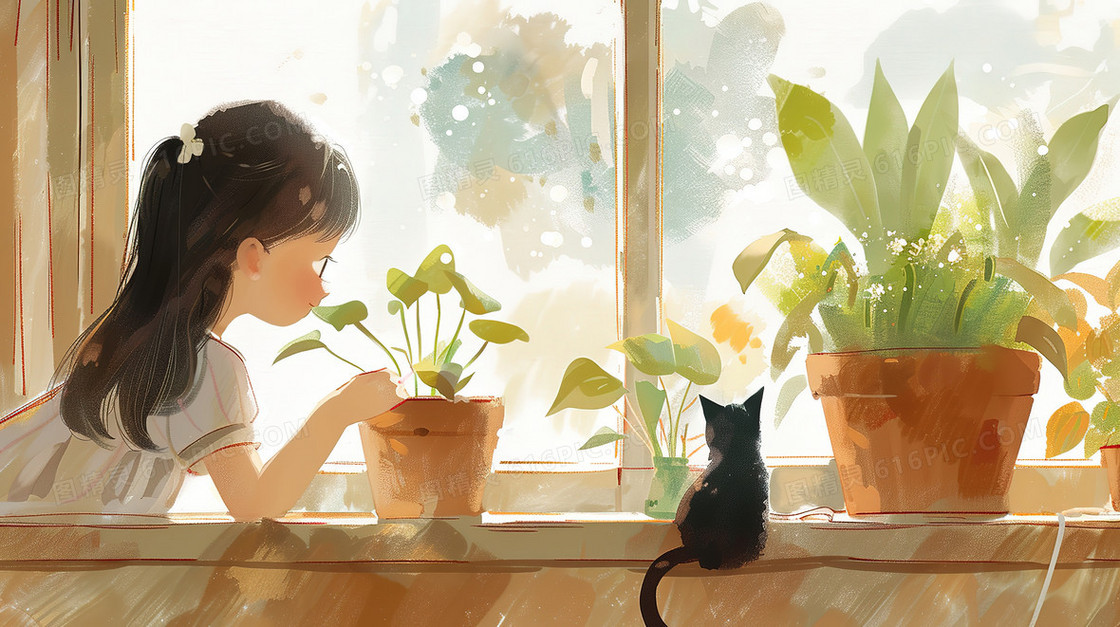 窗台边观察盆栽的女孩和小猫插画