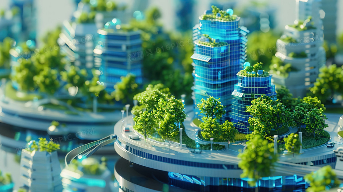 3D立体绿化城市建筑模型插画