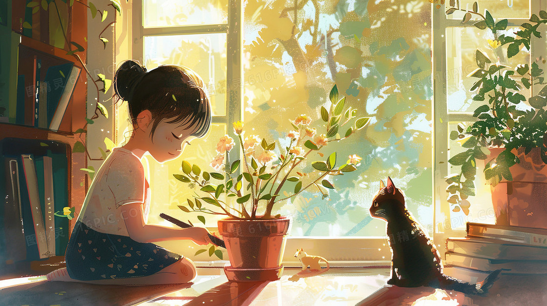 窗台边观察盆栽的女孩和小猫插画