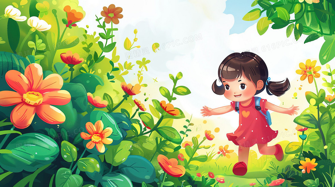 夏日在公园花草丛中的女孩插画