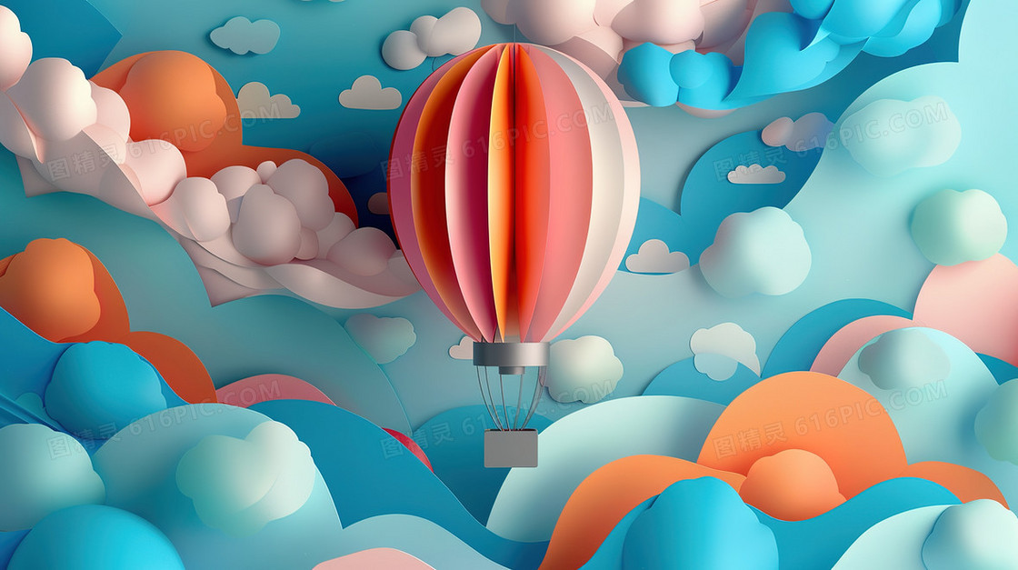 剪纸风蓝天中的热气球插画