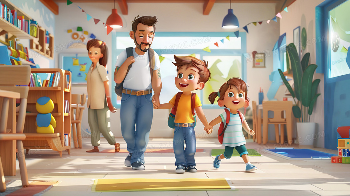 幼儿园里家长带小孩放学插画
