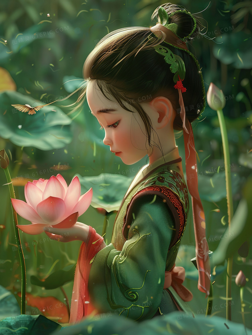 荷塘里手拿莲叶的少女插画