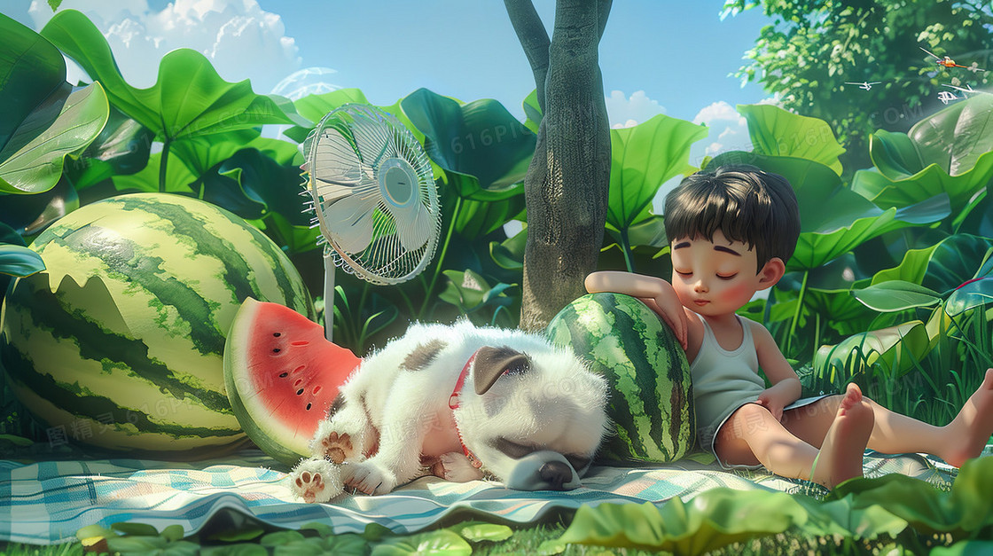 夏日树下西瓜旁乘凉的男孩与小狗插画