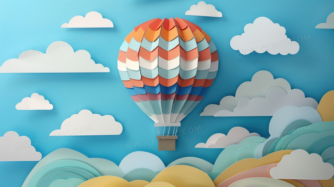 剪纸风蓝天中的热气球插画