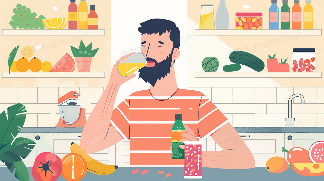 夏日在吧台里喝果汁的男士插画