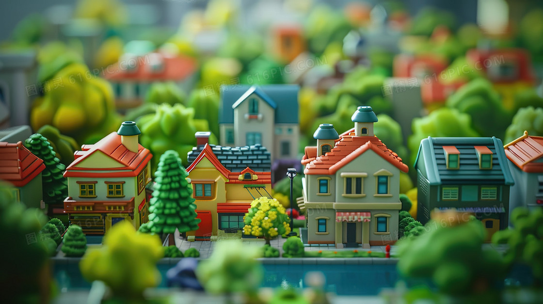 唯美3D立体建筑模型风景插画