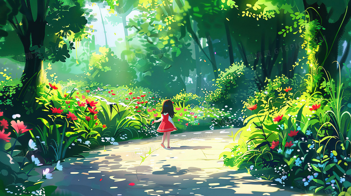 夏日在公园花草丛中的女孩插画
