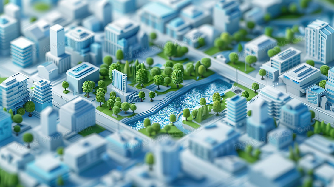 3D立体绿化城市建筑模型插画