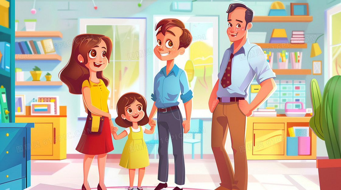 幼儿园里家长带小孩放学插画