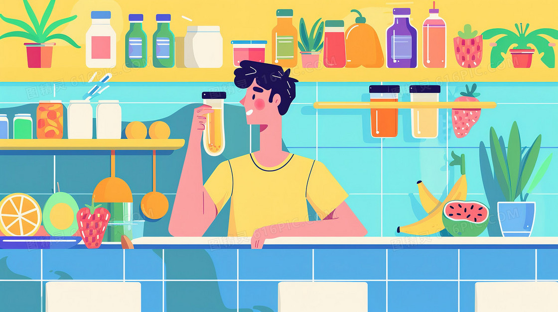 夏日在吧台里喝果汁的男士插画