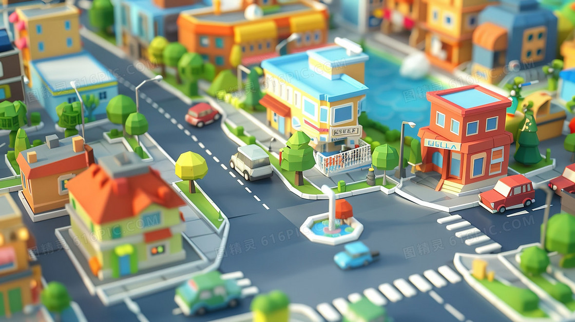 3D立体城市交通道路建筑模型插画