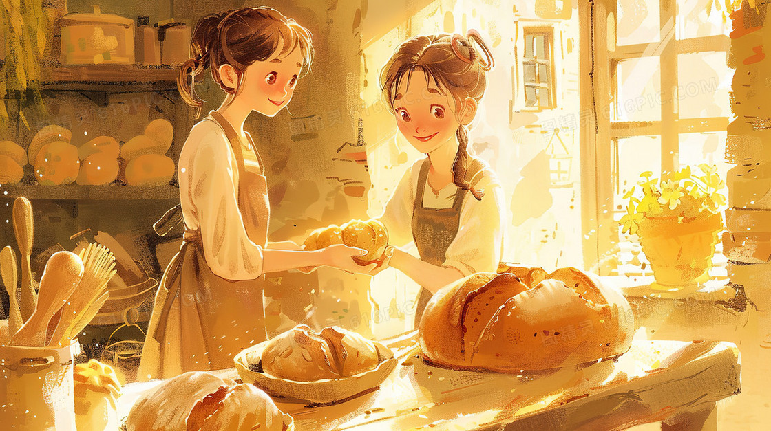 厨房里制作面包的女孩插画