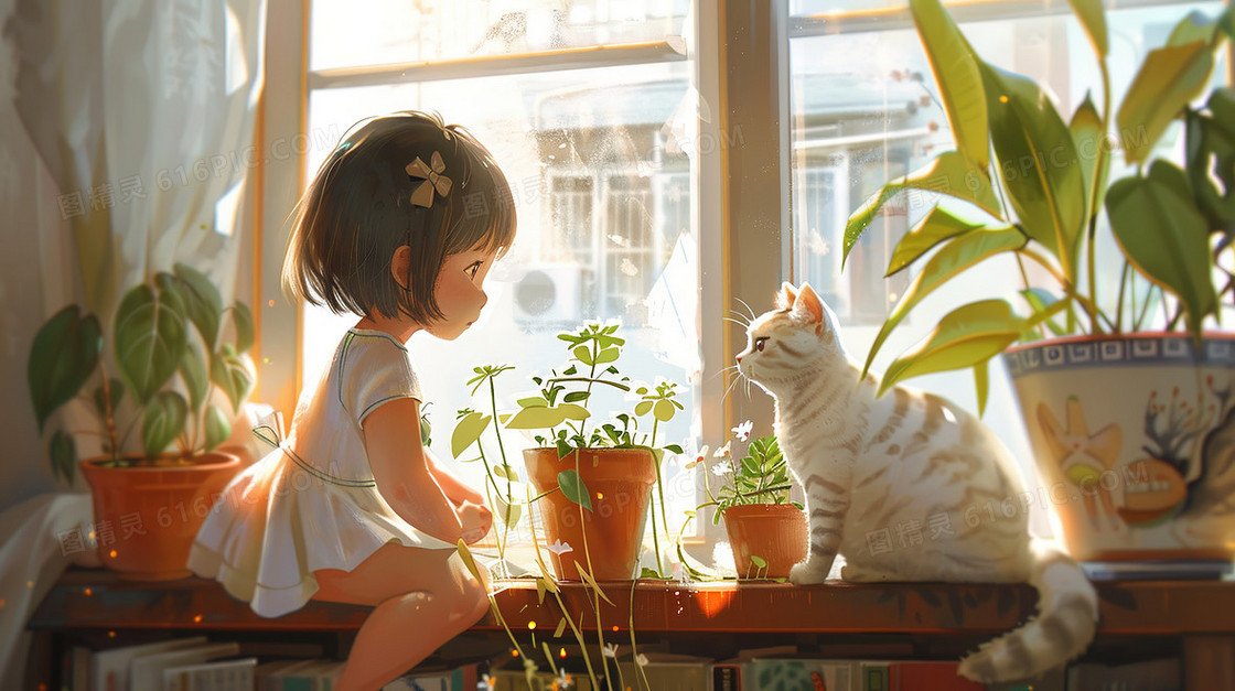 窗台边观察盆栽的女孩和小猫插画