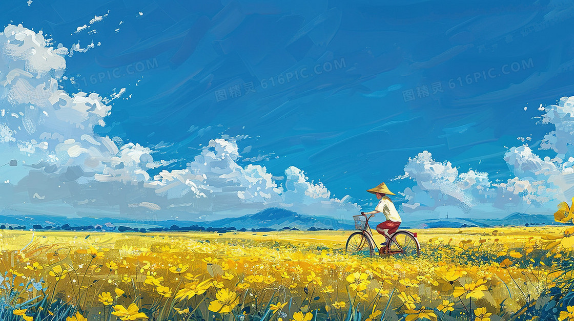 夏天在金黄的油菜花田里的骑单车的少年插画