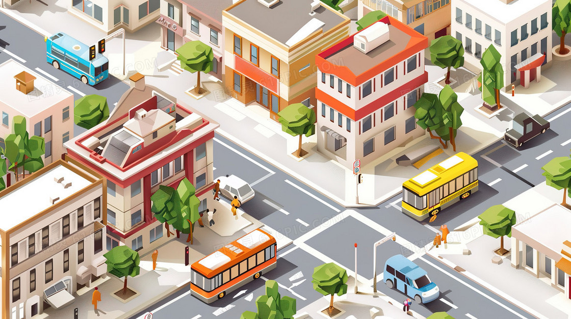 3D立体城市交通道路建筑模型插画