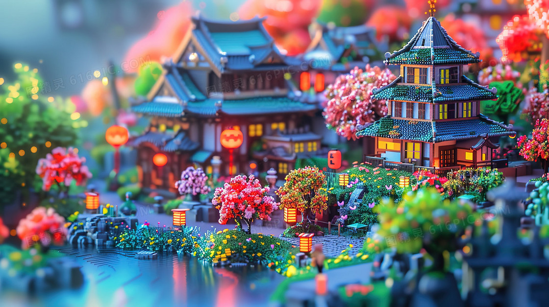 唯美3D立体建筑模型风景插画