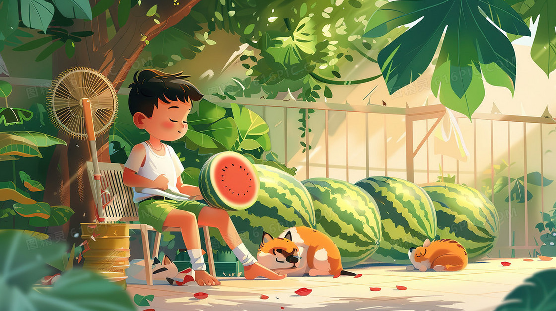 夏日树下西瓜旁乘凉的男孩与小狗插画