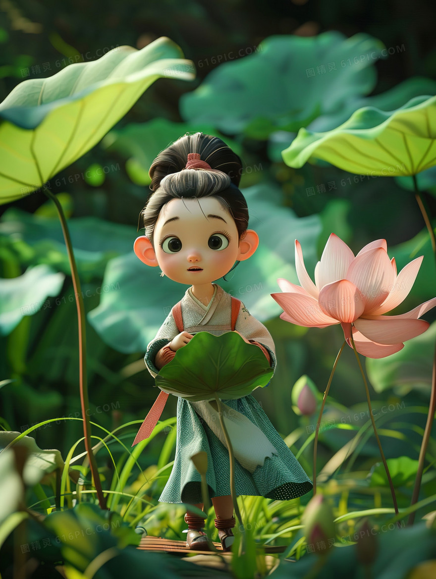 荷塘里手拿莲叶的少女插画