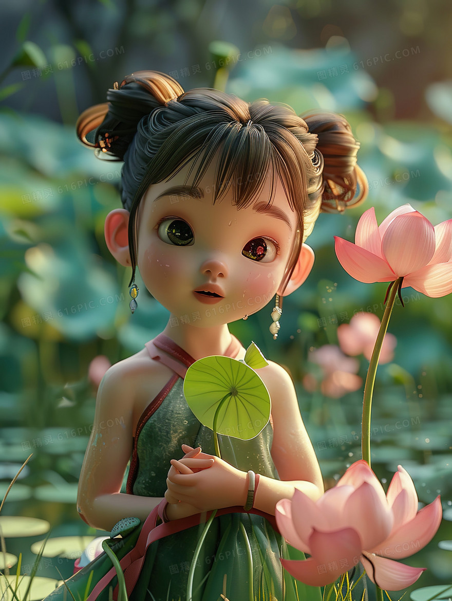 荷塘里手拿莲叶的少女插画