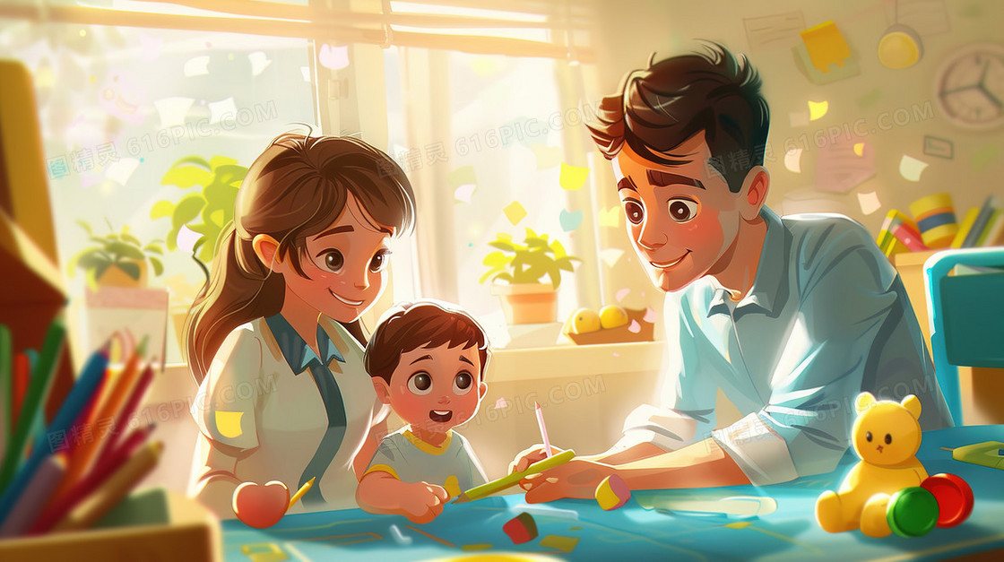幼儿园里家长带小孩放学插画