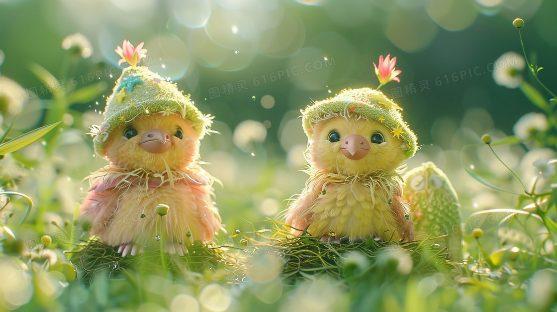 3D立体毛线草地上的小鸡插画