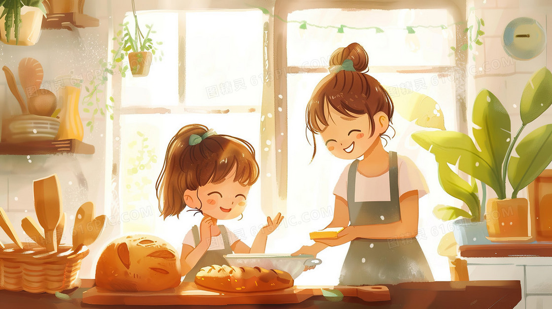 厨房里制作面包的女孩插画