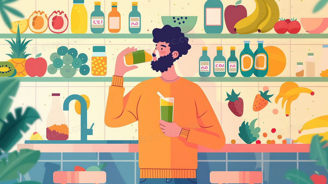 夏日在吧台里喝果汁的男士插画