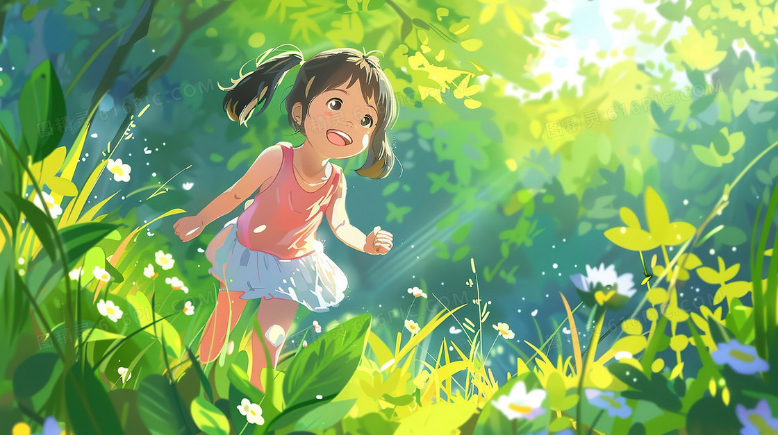 夏日在公园花草丛中的女孩插画