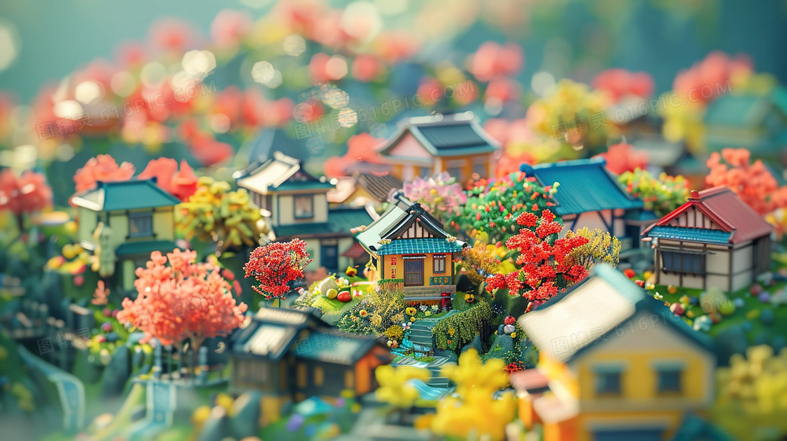 唯美3D立体建筑模型风景插画