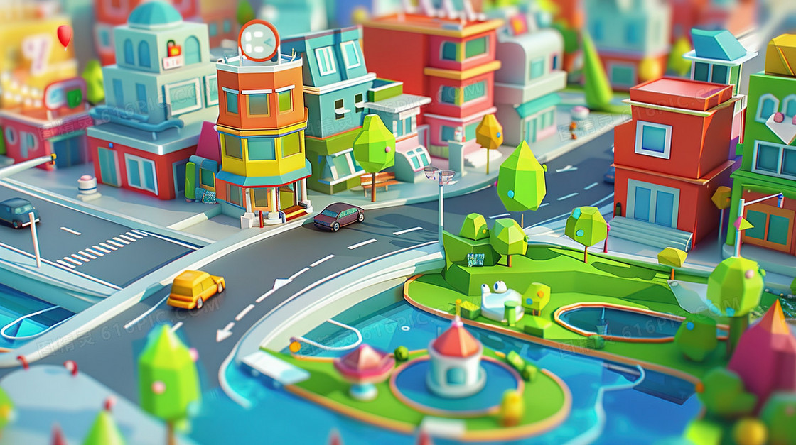 3D立体城市交通道路建筑模型插画