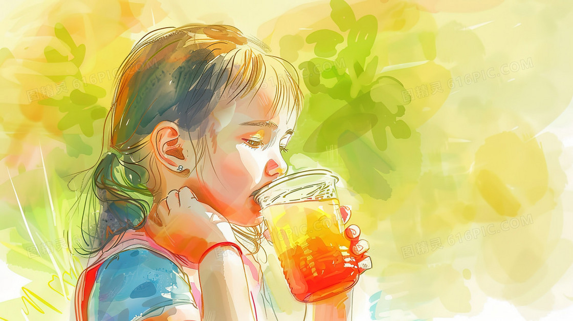 喝饮料的儿童小女孩插画