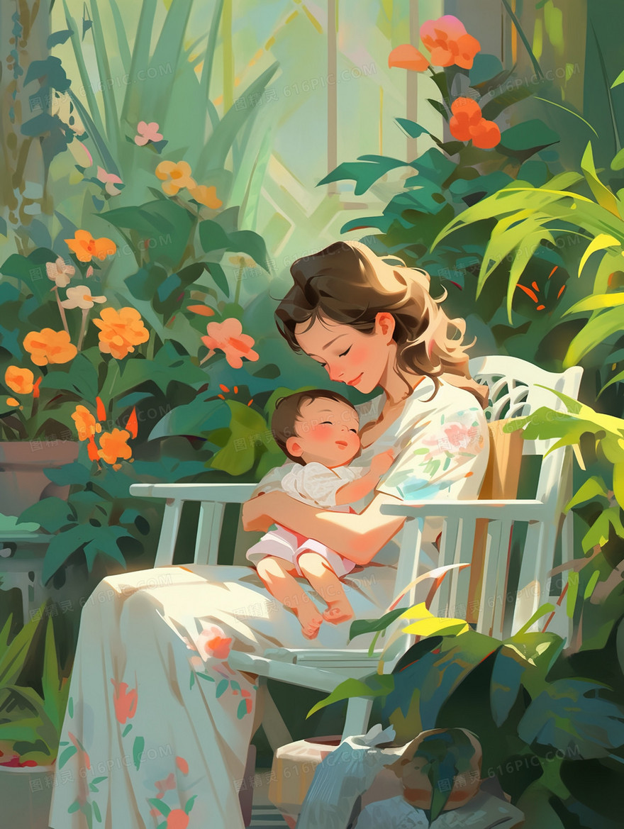 坐在花丛抱着小孩子的母亲插画