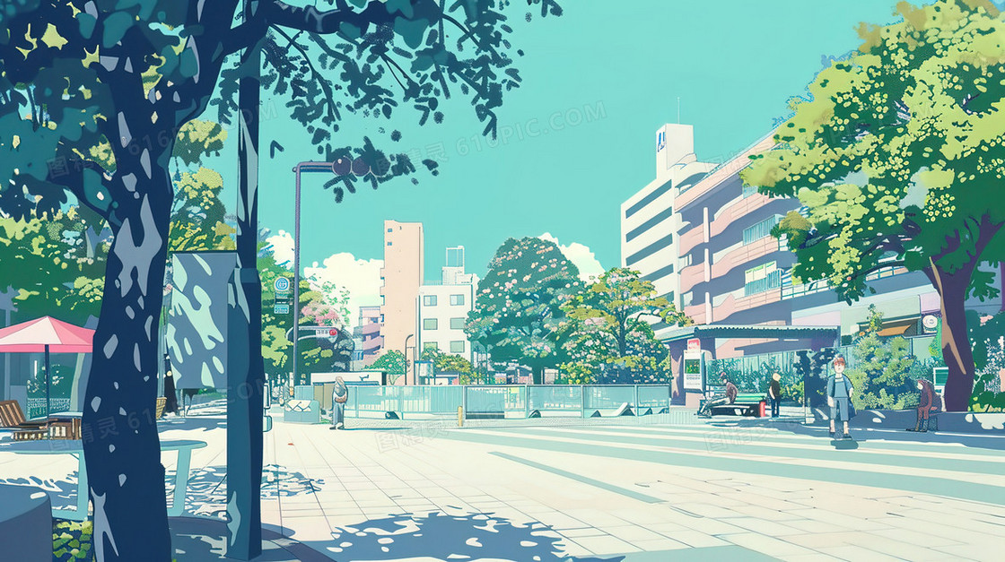 清晨的城市街道风景插画